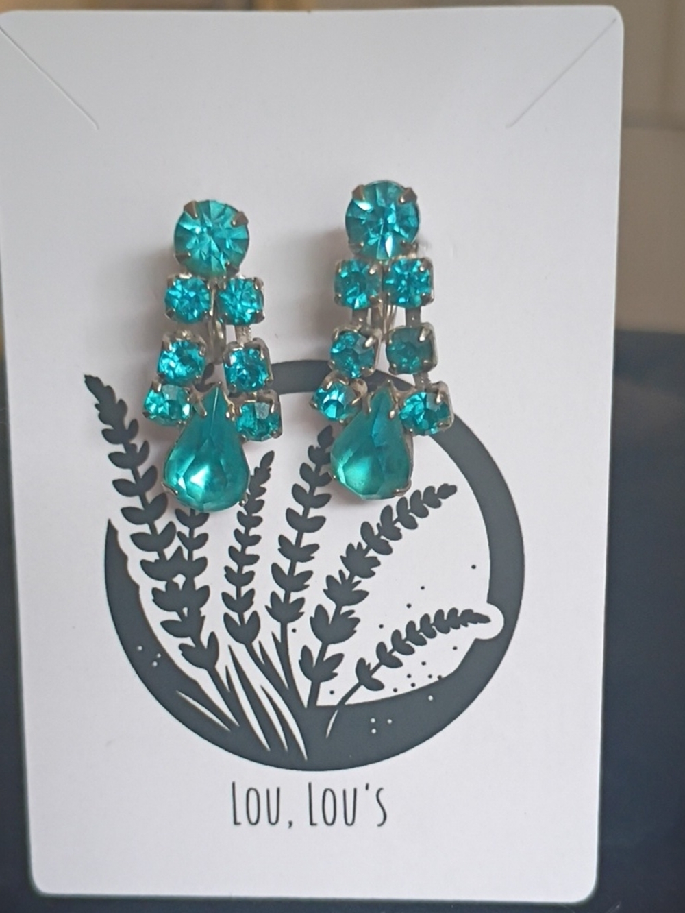Vintage Teal Crystal Drop Clip On Screw Earrings
